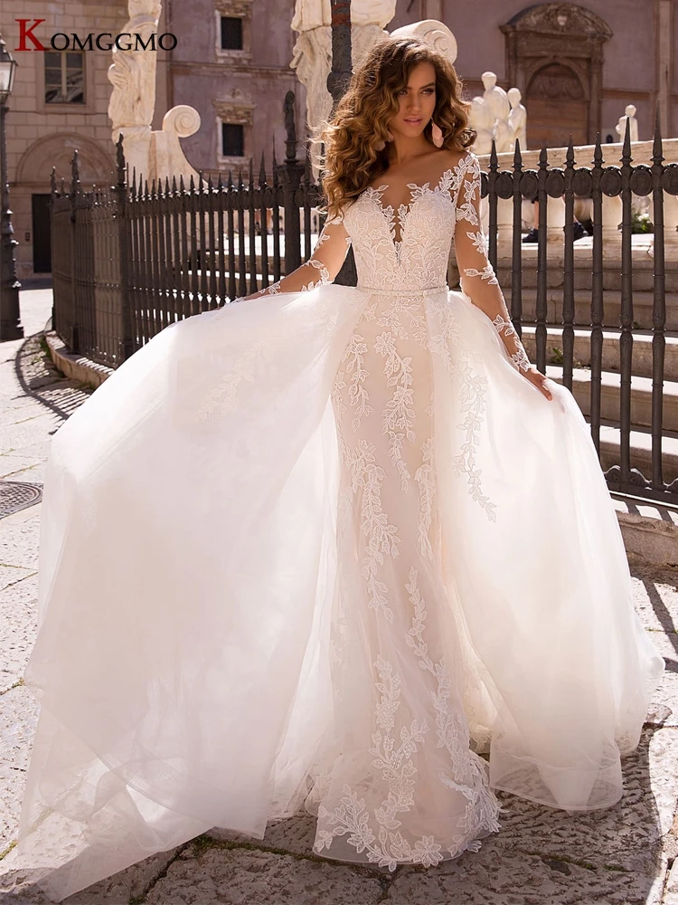 Фото Elegant O-Neck Full Sleeve Embroidery Appliques Tulle Mermaid Wedding Dress Custom Made Detachable Train 2 IN 1 Bridal Gown | Свадьбы и