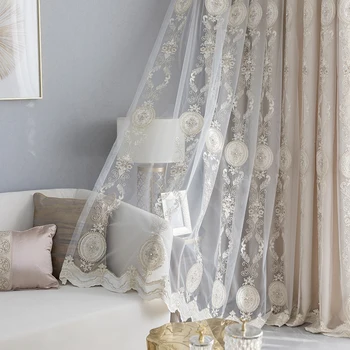 French Luxury Lace Pearl Embroidered Voile Window Screen Tulle and Beige Cloth Curtain for Living Room Sheer Fabric S036&40 
French Luxury Lace Pearl Embroidered Voile Window Screen Tulle and Beige Cloth Curtain for Living Room Sheer Fabric S036&40