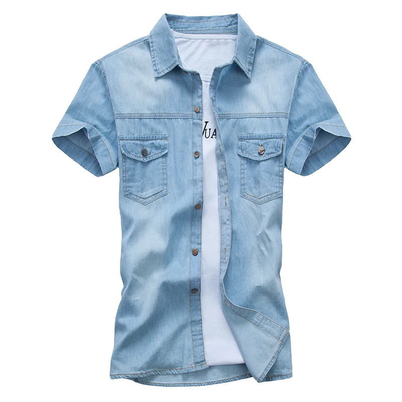 Фото Новая мужская джинсовая рубашка летняя Стильная Повседневная с короткими