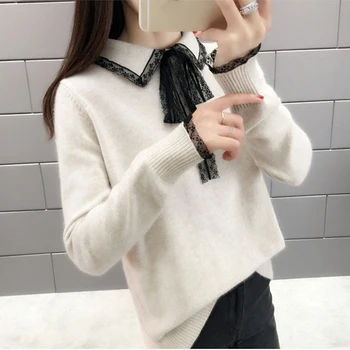 Laides Sweet Solid Sweater Chic Lace Patchwork Knitting Pullovers Turn-dowm Collar Lace Up Knitted Sweater Ladies Causal Sweater
Laides Sweet Solid Sweater Chic Lace Patchwork Knitting Pullovers Turn-dowm Collar Lace Up Knitted Sweater Ladies Causal Sweater