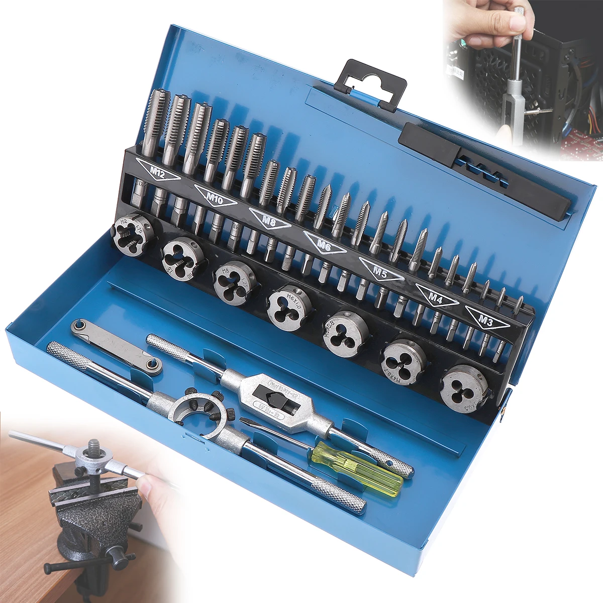 32pcs HSS Alloy Steel Metric Tap and Die Set M3-M12 1st 2nd Plug Finishing Wrench Screwdriver Screw Pitch Gauge for Metalworking
32pcs HSS Alloy Steel Metric Tap and Die Set M3-M12 1st 2nd Plug Finishing Wrench Screwdriver Screw Pitch Gauge for Metalworking