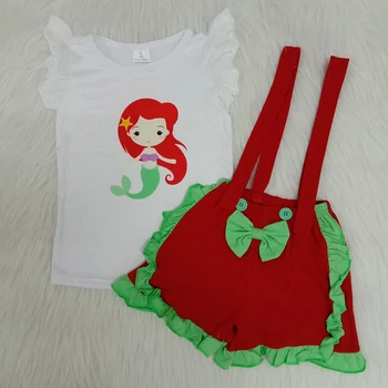 

RTS fashion red color baby girls suspender shorts bow design kids boutique outfits summer flutter tee shirt top clothing sets