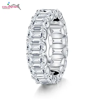 

COLORFISH 925 Sterling Silver Emerald Cut 6mm x 4mm Sona Diamond Full Eternity Ring for Women Engagement Anniversary Jewelry