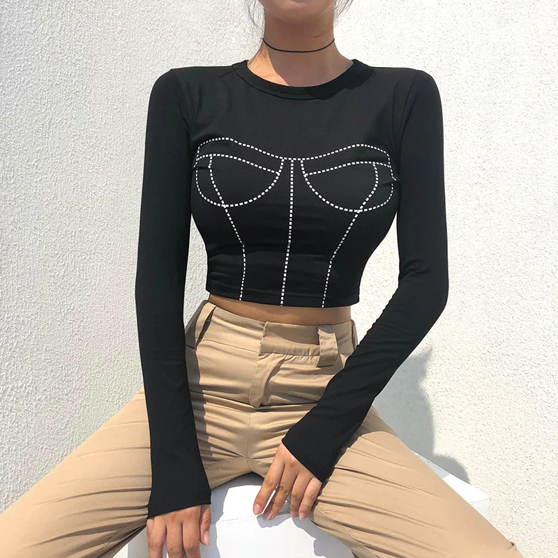 Autumn Spring Women Ladies Long Sleeve Black T-Shirt Unique Open Line Printing Crew Neck Cotton Crop Top Tee Female Street Wear
Autumn Spring Women Ladies Long Sleeve Black T-Shirt Unique Open Line Printing Crew Neck Cotton Crop Top Tee Female Street Wear