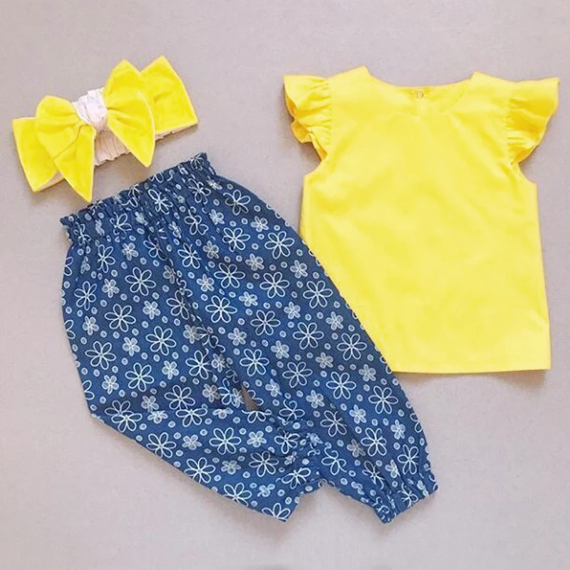 2019 комплект одежды для маленьких девочек летняя желтая футболка без рукавов топы