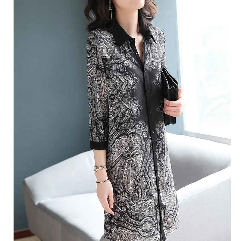 Fold-down Collar Three-quarter-length Sleeve Printed Chiffon Dress Spring Clothing 2019-Women's Elegant Fashion Loose Sundress
Fold-down Collar Three-quarter-length Sleeve Printed Chiffon Dress Spring Clothing 2019-Women's Elegant Fashion Loose Sundress