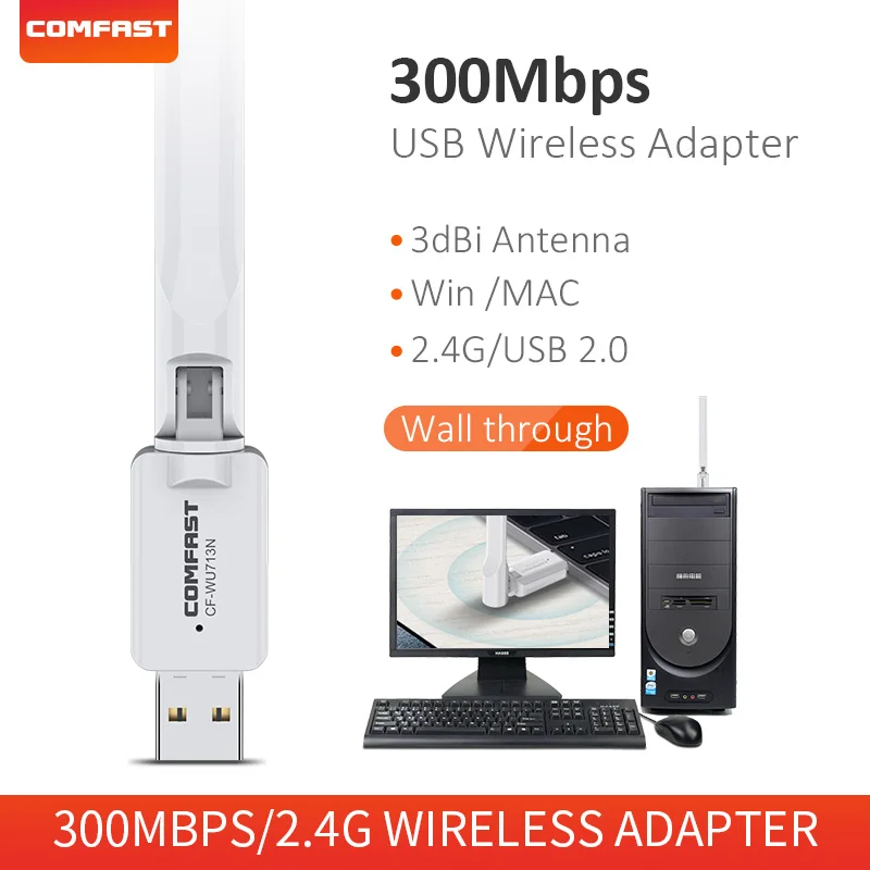 

USB Wifi Adapter 300Mbps 2.4GHz MT7603 Wireless Wi Fi Network Card High Gain 3dbi Antenna 802.11n White Home Receiver For PC