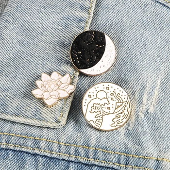 Creative White Black Brooch Constellation Lotus Seaside Wave Round Enamel Pins BackPack Coat Metal Lapel Pin Badge Jewelry Gift