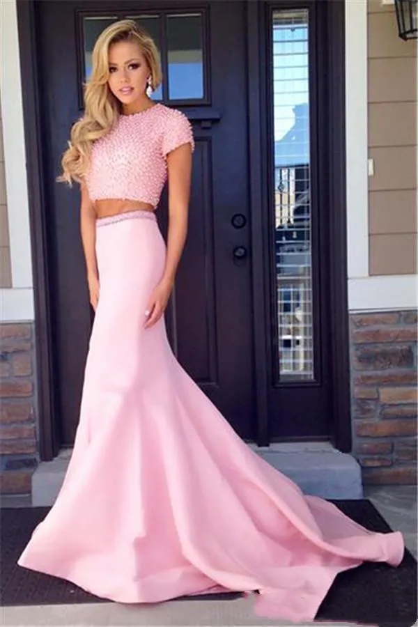 2020 Pink Two Pieces Evening Prom Dresses Mermaid Beaded Capped Sleeve Formal Gown Short Sleeves Women Pageant Floor Length