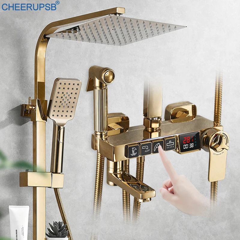 Thermostatic Gold Shower Set Bathroom LED Digital System Square Spray SPA Rainfall Bath Faucet Hot Cold Mixer Copper Taps | Обустройство