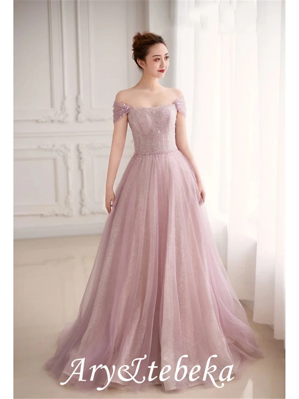 

A-Line Glittering Elegant Prom Formal Evening Dress Off Shoulder Short Sleeve Sweep / Brush Train Tulle with Pleats Sequin 2021