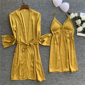 

Silky 2PCS Nighty&Robe Suit Women Satin Sleepwear Nightgown Casual Nightdress Kimono Bathrobe Gown Sexy Intimate Lingerie