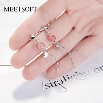 

MEETSOFT 925 Sterling Silver Prevent Allergy Drop Earrings for Women Trendy Design Strawberry Quartz Star Jewelry Gift
