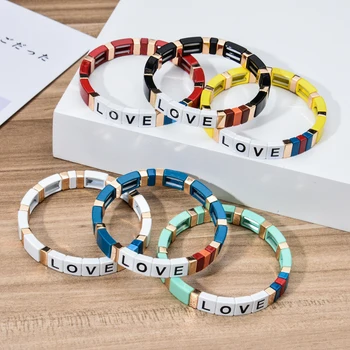 Bohemian Enamel Square Bead Chains Bracelet for Women Men Love Letter Elastic Bracelets Customize Rainbow Wristband Jewelry 
Bohemian Enamel Square Bead Chains Bracelet for Women Men Love Letter Elastic Bracelets Customize Rainbow Wristband Jewelry