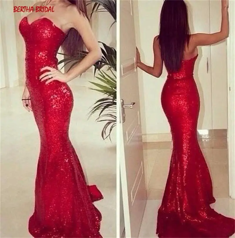 Женское вечернее платье-русалка красное платье с блестками без бретелек для