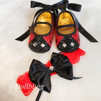 

Lady Bug Inspried Sparkly Rhinestone Baby Shoes and Headband One Hundred Day Dress Red Bottom Sole Bling First Walking Shoes