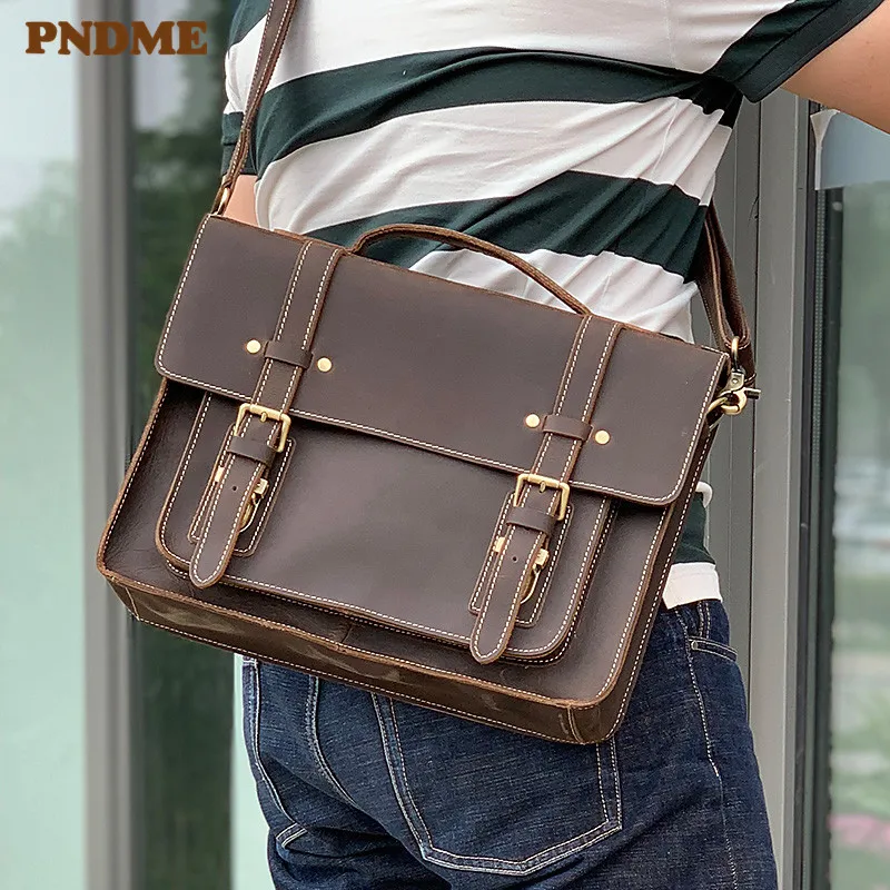 

PNDME vintage crazy horse cowhide men's handbag briefcase business natural genuine leather lawyer laptop shoulder messenger bag