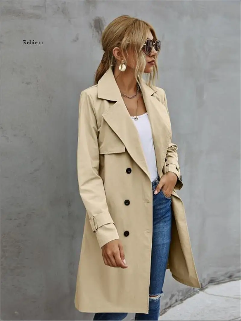 

Fashion Women Casual Solid Color Coat Adults Autumn Elagant Fashion Long Sleeve Lapel NeckDouble Breasted Belted Trench Coat