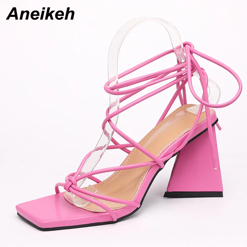 Aneikeh 2022 модные однотонные летние сандалии с открытым носком PU на щиколотке