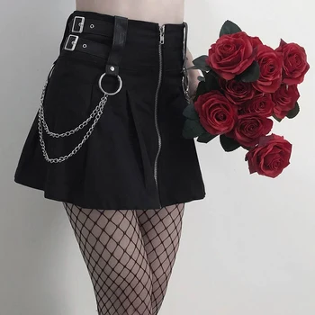 Dark Grunge Punk Summer Gothic Skirts For Women Streetwear Zippper Rivet Pleated Chain Metal Ring Sexy Skirt 
Dark Grunge Punk Summer Gothic Skirts For Women Streetwear Zippper Rivet Pleated Chain Metal Ring Sexy Skirt