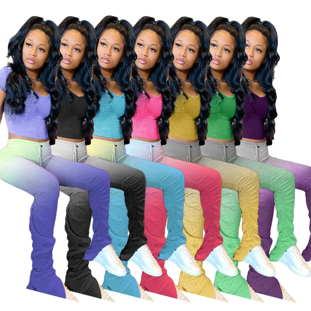 Gradient Color Printting V-Neck Short Sleeve Slim T-Shirt Folding Micro Bell-Bottom Pants Women Sports Casual Suit
Gradient Color Printting V-Neck Short Sleeve Slim T-Shirt Folding Micro Bell-Bottom Pants Women Sports Casual Suit