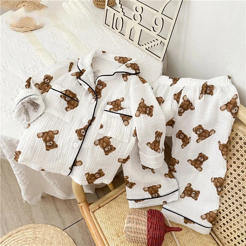 MILANCEL 2021 Autumn New Kids Pajamas Korean Long Sleeve Bear Cardigan And Pants Cotton Yarn 2 Pcs Sleepwear MILANCEL 2021 Autumn New Kids Pajamas Korean Long Sleeve Bear Cardigan And Pants Cotton Yarn 2 Pcs Sleepwear