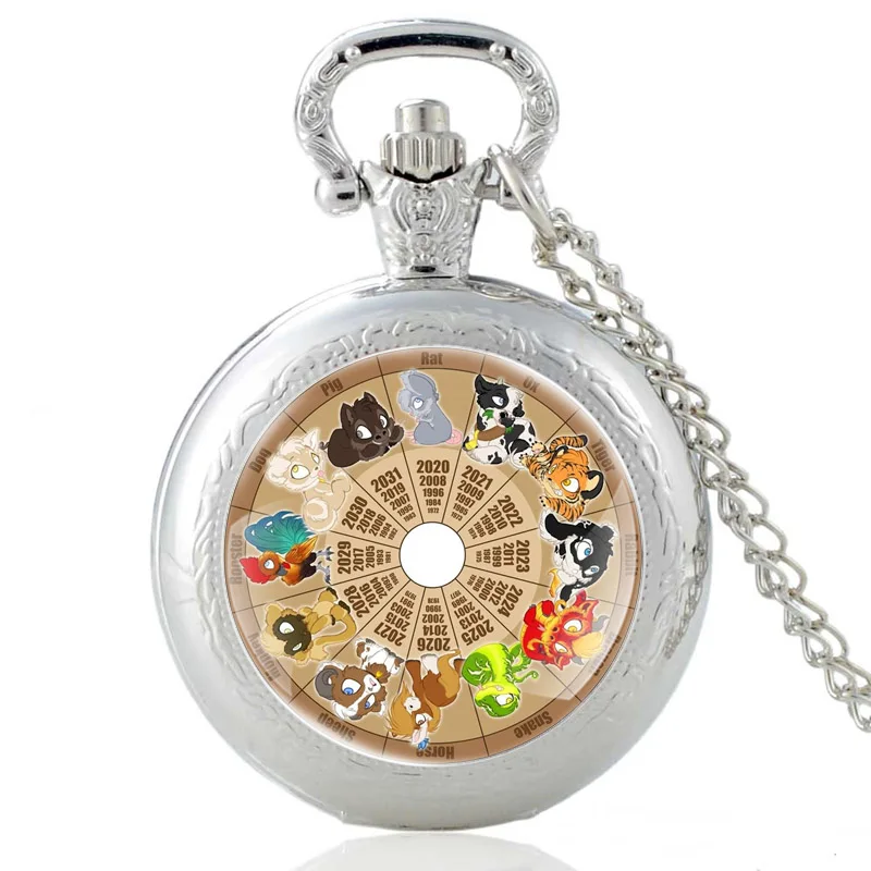 

Silver Color Retro Twelve Zodiac Calendar Vintage Quartz Pocket Watch Men Women Pendant Necklace Hours Clock Gifts