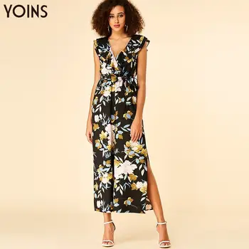

YOINS Bohemian Backless Floral Print V-neck Ruffle Sleeves Slit Hem Playsuit 2020 Women Fashion Jumpsuit Bodysuit Casual Overall