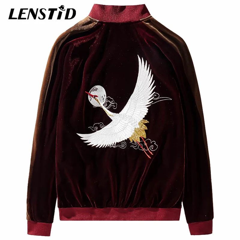 LENSTID Men Hip Hop Bomber Jackets Crane Embroidery Windbreaker Harajuku Streetwear Winter Fleece Loose Casual Coats Outwear | Мужская