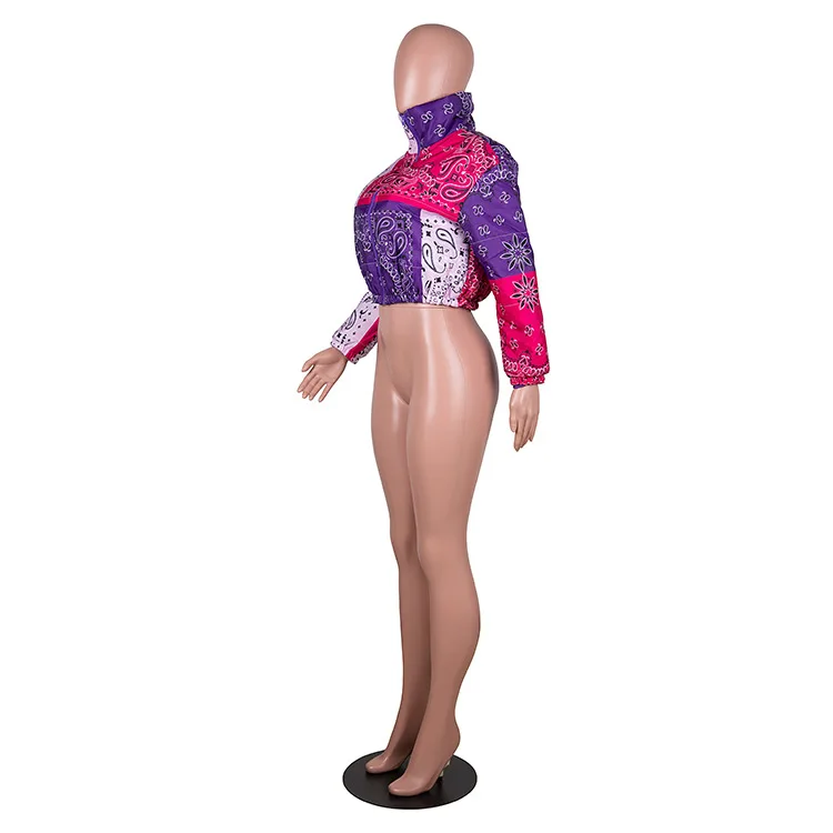 Short Print Cotton-Padded Jacket Women 2020 European And American Fashion New Winter Stand-Up Collar Long-Sleeved Coat Trendy