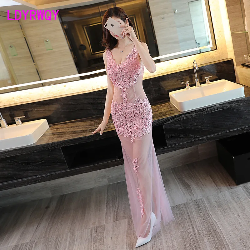 

2019 perspective lace nightclub deep v exposed navel mesh sexy tight dress Sleeveless Solid Sheath
