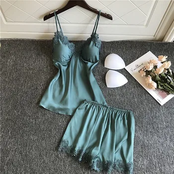 Satin 2PCS Sleepwear Casual 2PCS Strap Top&Shorts Women Lounge 2PCS Pajamas Set Silky Print Flower Pajamas Suit With Chest Pads 
Satin 2PCS Sleepwear Casual 2PCS Strap Top&Shorts Women Lounge 2PCS Pajamas Set Silky Print Flower Pajamas Suit With Chest Pads