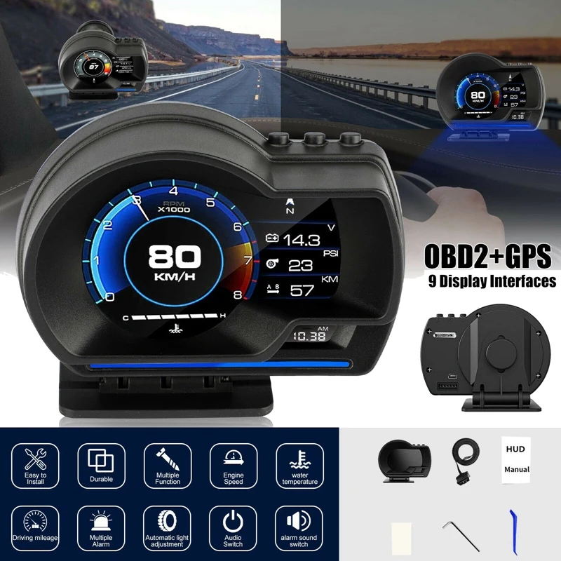 HUD OBD2+GPS Gauge Head Up Car Digital Display Speedometer RPM Alarm Water&ampOil Temp Monitor Fault Code Elimination | Автомобили и