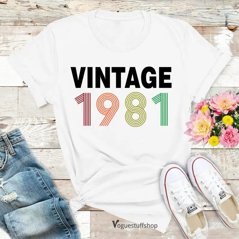 Vintage 1981 Birthday rainbow T-Shirt Personalised Unisex Funny cotton O Neck Female Clothing Plus Size Casual Short Sleeve Tees
Vintage 1981 Birthday rainbow T-Shirt Personalised Unisex Funny cotton O Neck Female Clothing Plus Size Casual Short Sleeve Tees