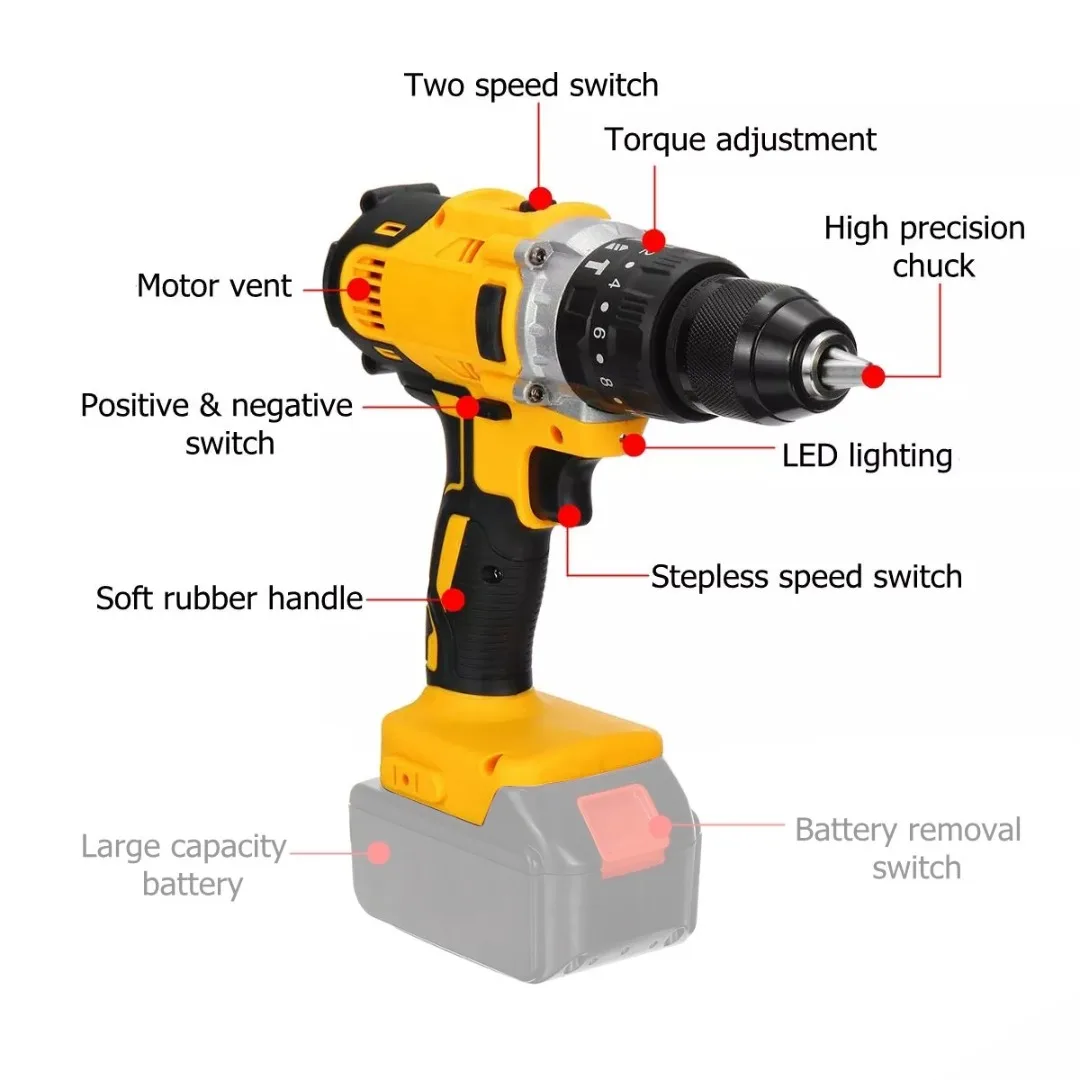 18V Electric Hammer Screwdriver 13mm Brushless Electric Impact Drill Rotary Drilling Without Battery 2 Speed Power Tool
18V Electric Hammer Screwdriver 13mm Brushless Electric Impact Drill Rotary Drilling Without Battery 2 Speed Power Tool