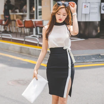 women office ladies 2 piece set contrast color halter shirt tops high waist bow sheath sexy pencil skirt OL women set D492
women office ladies 2 piece set contrast color halter shirt tops high waist bow sheath sexy pencil skirt OL women set D492