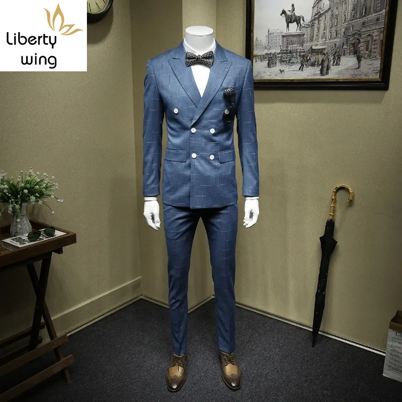 Business Man Formal Banquet Party 3pcs Suit Blue Slim Fit Double Breasted Terno Masculino Groom Marriage Wedding Dress Suits Set 
Business Man Formal Banquet Party 3pcs Suit Blue Slim Fit Double Breasted Terno Masculino Groom Marriage Wedding Dress Suits Set