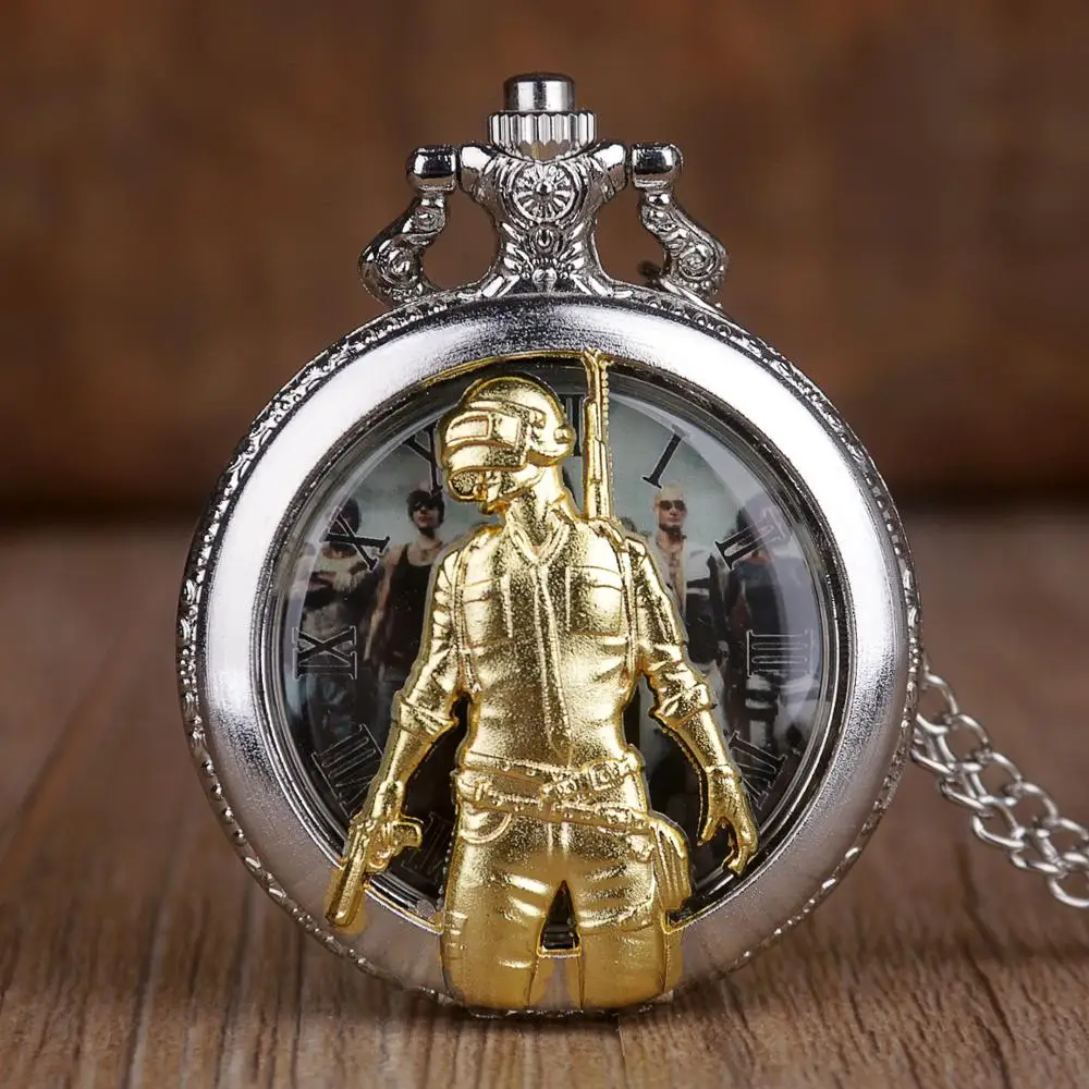 Vintage Game Theme Quartz Pocket Watch 3D Golden Hunter Display Pendant Clock with Silver Necklace Chain Souvenir Gift Fob Watch
Vintage Game Theme Quartz Pocket Watch 3D Golden Hunter Display Pendant Clock with Silver Necklace Chain Souvenir Gift Fob Watch