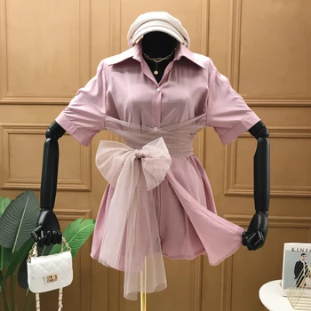 Fashion Two Piece Suit Female Korean-Style Summer Mesh Stitching Lapel Shirt + Elastic Waist Wide Leg Shorts Two-Piece Set 
Fashion Two Piece Suit Female Korean-Style Summer Mesh Stitching Lapel Shirt + Elastic Waist Wide Leg Shorts Two-Piece Set