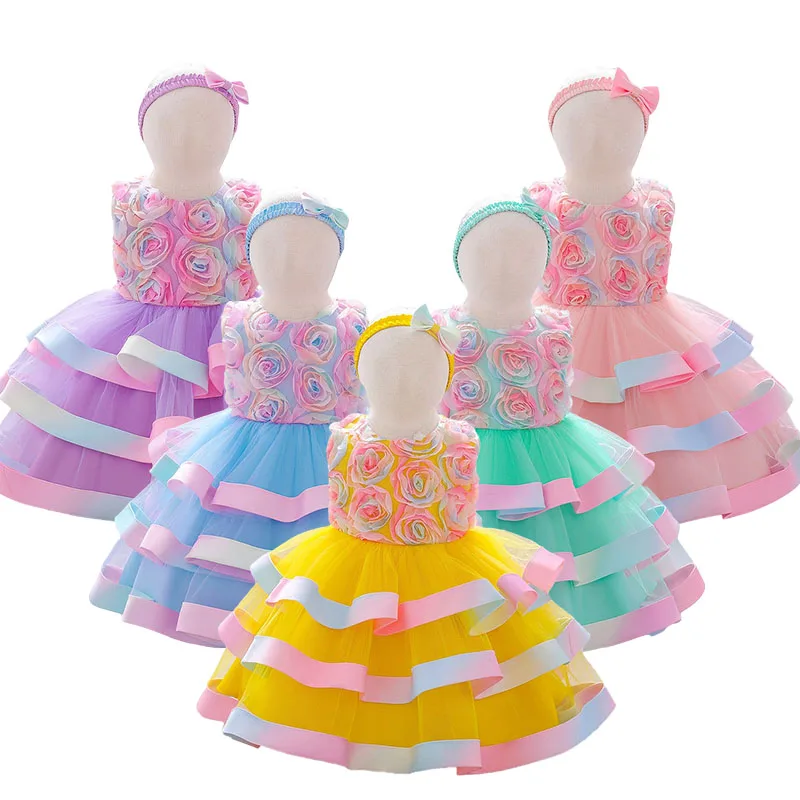 

Princess Cupcake Dress Flower Elegant Girls Tutu Dresses Party Sleeveless Printing Net Yarn Clothes Western Style For Baby Girl