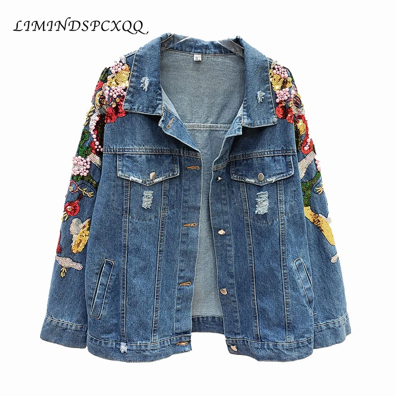 

2021 New Fashion Glitter Sequined Ripped Denim Jacket Women Frayed Raw Hem Hole Beading Loose Autumn Jeans Jacket Coat Female