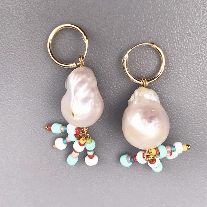 Baroque style big pearl pendant earrings high quality gold-color stainless steel hoops colorful bead pendant ђкѬаения 2020 
Baroque style big pearl pendant earrings high quality gold-color stainless steel hoops colorful bead pendant ђкѬаения 2020