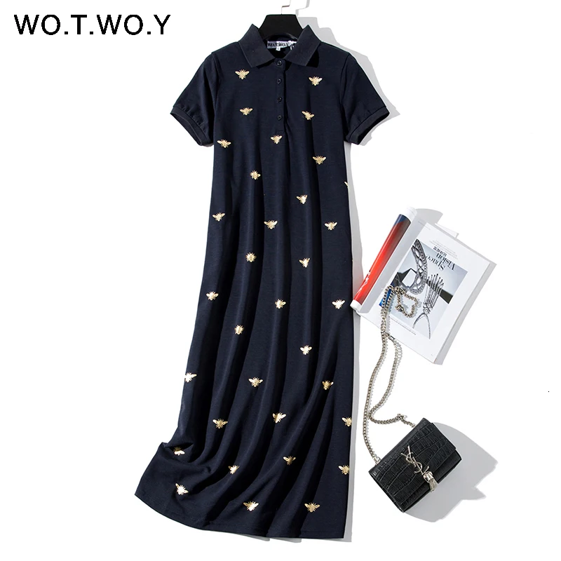 Bee Print Long Knee-Length Shirt Dresses Women 2019 Casual Turn-down Polo Straight Dress Female Pockets Cotton Clothes