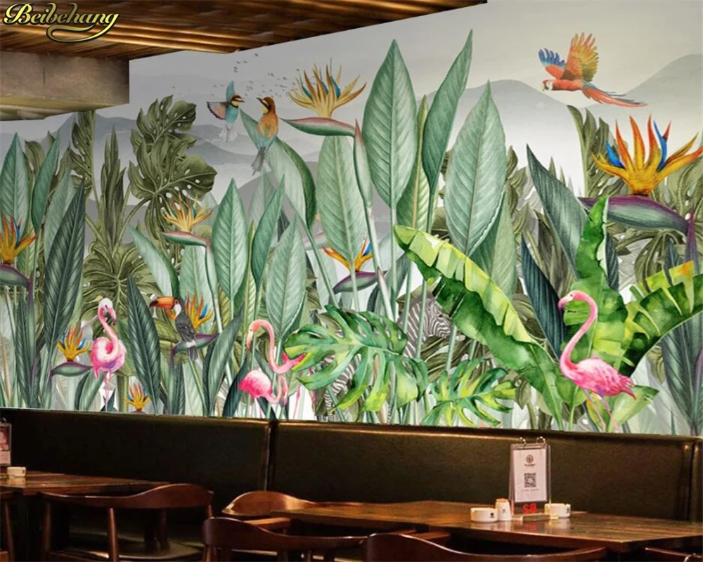 

beibehang Custom 3d wallpaper mural hand painted tropical rain forest Southeast Asia plants flowers and birds background wall