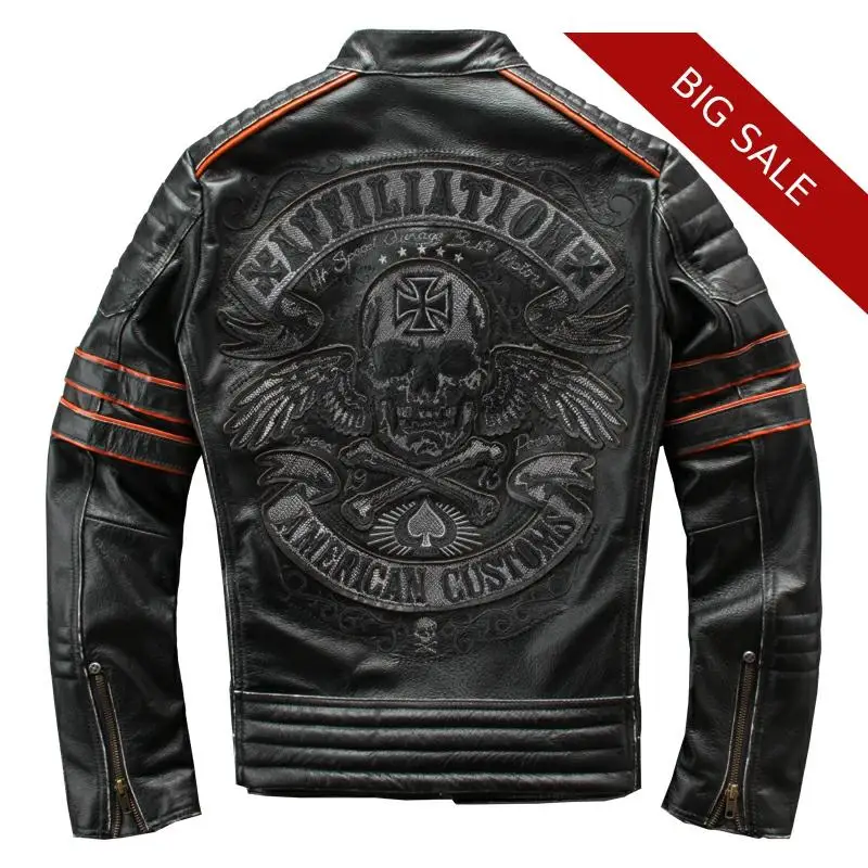 2019 Vintage Black Men Embroidery Skulls Biker's Leather Jacket Plus Size 4XL Genuine Cowhide Slim Fit Motorcycle Coat
2019 Vintage Black Men Embroidery Skulls Biker's Leather Jacket Plus Size 4XL Genuine Cowhide Slim Fit Motorcycle Coat