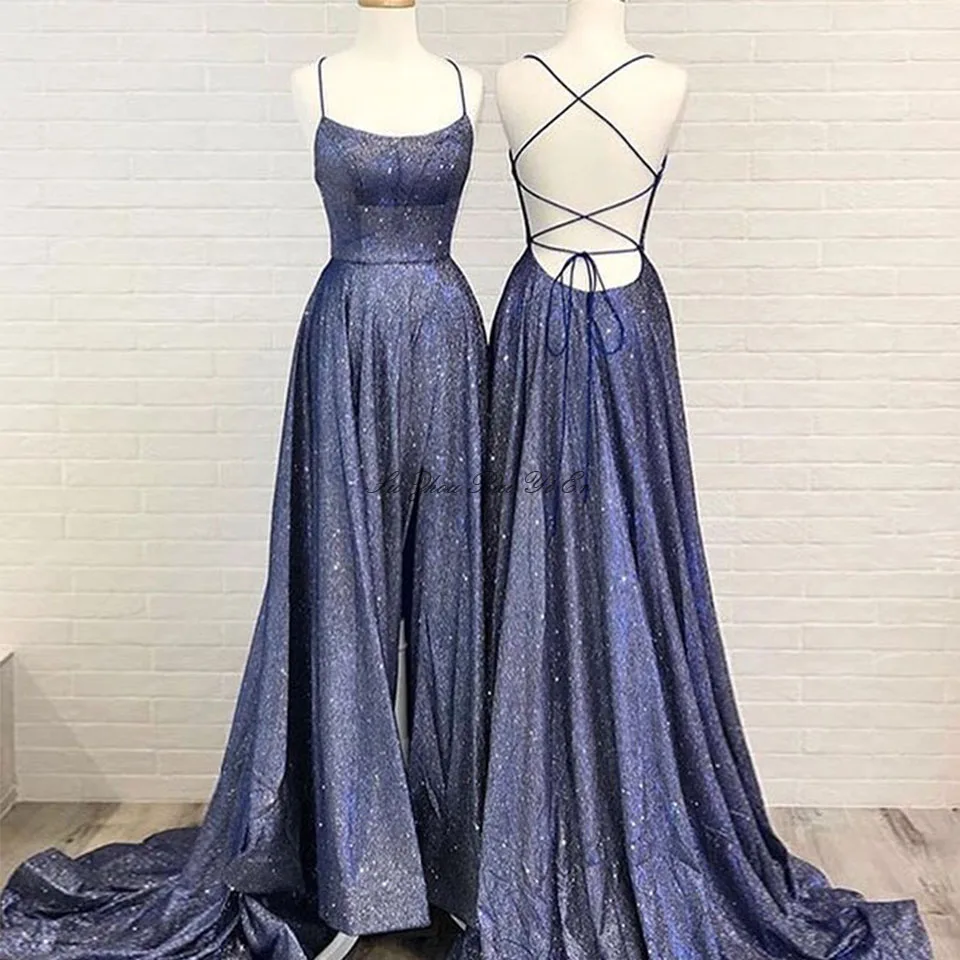 

Glitter Prom Dresses 2020 Charming Sparkly Formal Dress Spaghetti Strap Lace Up Back A-line Long Evening Gown Vestido De Festa