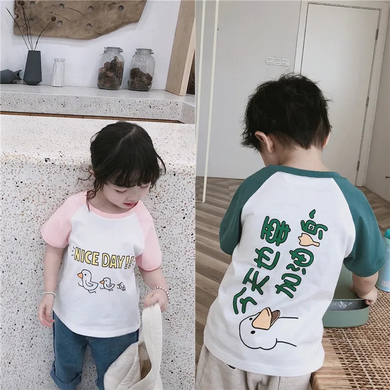 

Tonytaobaby Summer New Boys and Girls Duck Printed Cotton Color Contrast Short Sleeve T-shirt