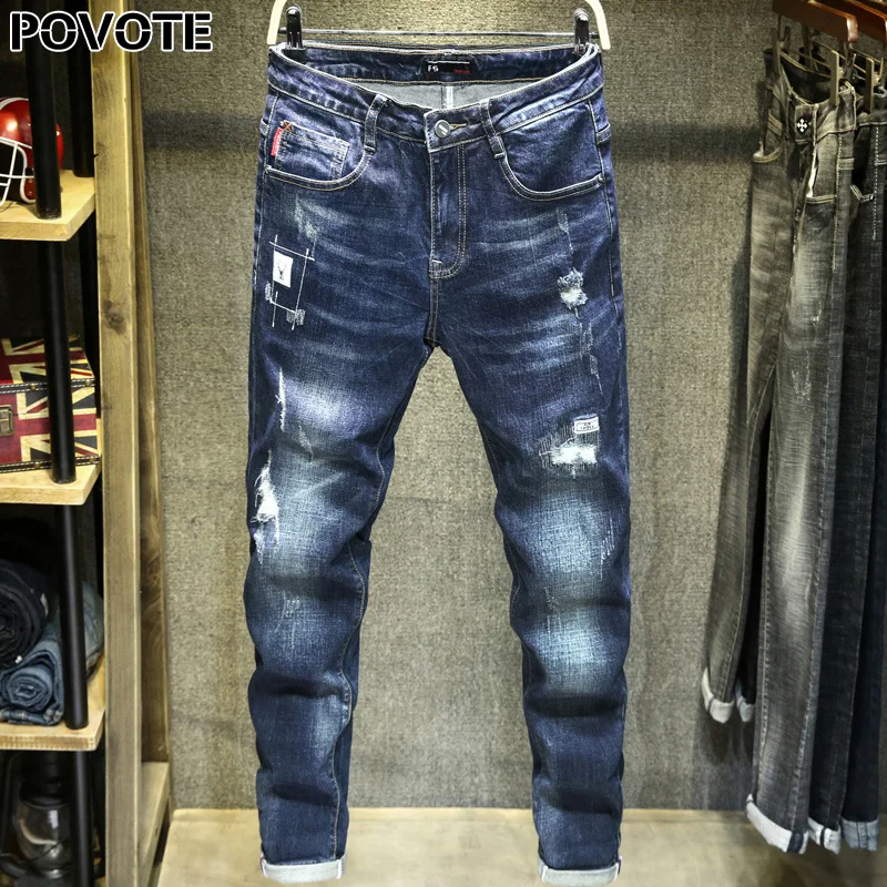 POVOTE 2020 New blue distressed jeans with white embroidery and stretch jeans men's straight trousers fashion design
POVOTE 2020 New blue distressed jeans with white embroidery and stretch jeans men's straight trousers fashion design