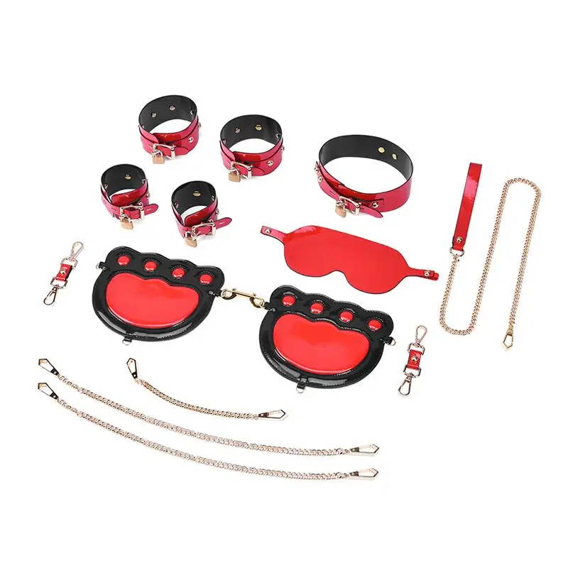 

11pcs Red Adult Game Supplies Flirting Restraints Kit Sexy Bed Bondage Eye Mask Blindfolds Leather Handcuffs Collar Restraint