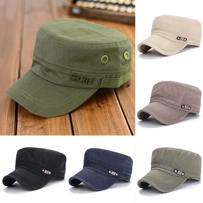 Фото Washed Cotton Military Caps Men Cadet Army Cap Fashion Vintage Flat Top Hat Classical Style Sunscreen Sun Adjustable | Аксессуары для